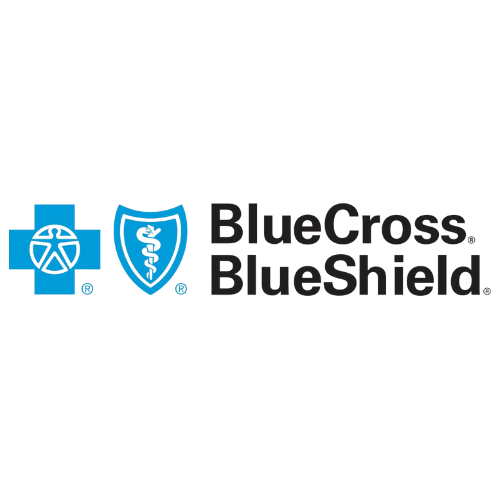 A blue cross and shield logo on a black background.